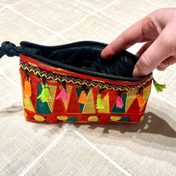 Boho Pouch, Embroidered Coin Purse, Red Yellow Green, Handmade NWOT - Picture 3 of 4